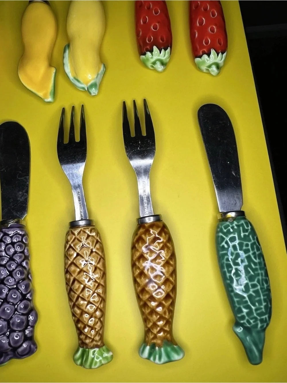Vintage Japan Fruit Handle Flatware Set Ceramic Knives Forks Stainless Steel